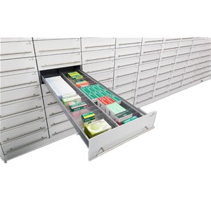 Rx dispensary pullout tray shelf design