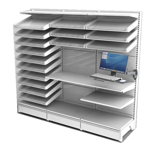Rx dispensary pullout tray shelf