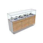 Curved Kick Stainless steel Cell Phone Display Case With Glass Top & Wood Veneer Finish