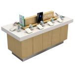 Cell Phone Store Display Counter / White Stone Top Wooden Laminate Exprience Table With Alarmed Phone Holders 