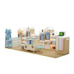 Clothes display stand in the mall | wooden shelves for T-shirt display
