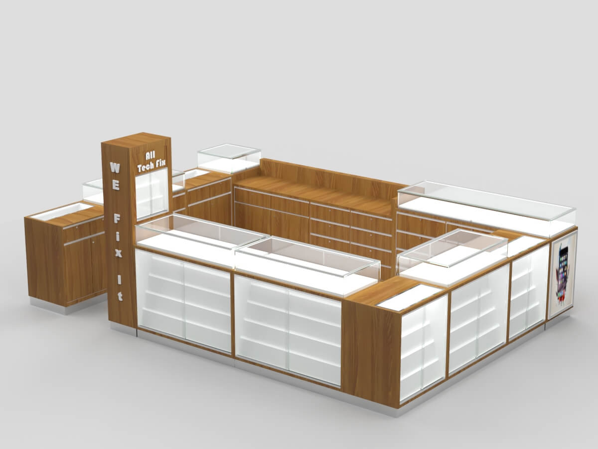 wooden cellphone accessories kiosk