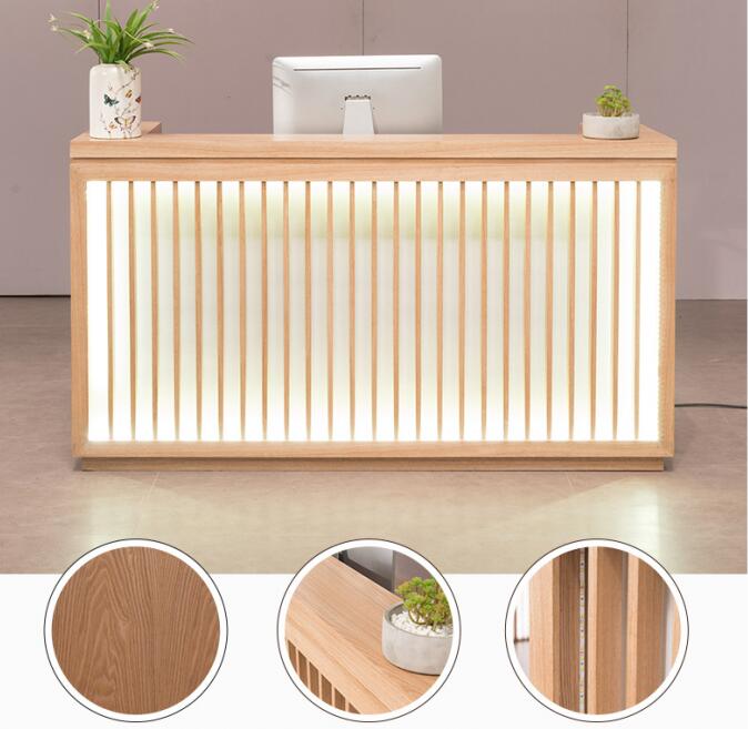backlit wooden reception desk design