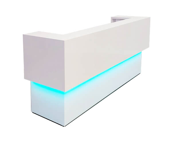 white salon reception desk w/ backlit blue LED light