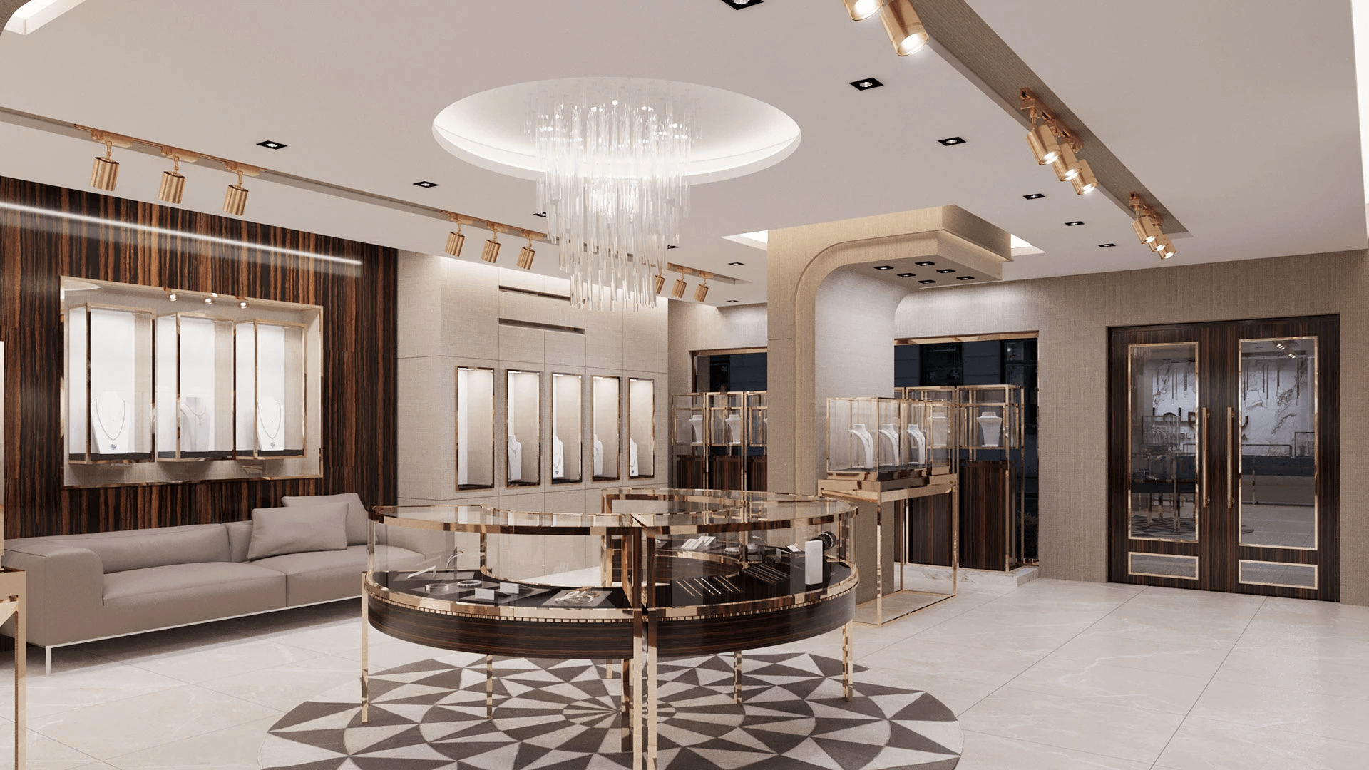 Gold And Walnut Are Excellent Choices For Decorating A Jewelry Store