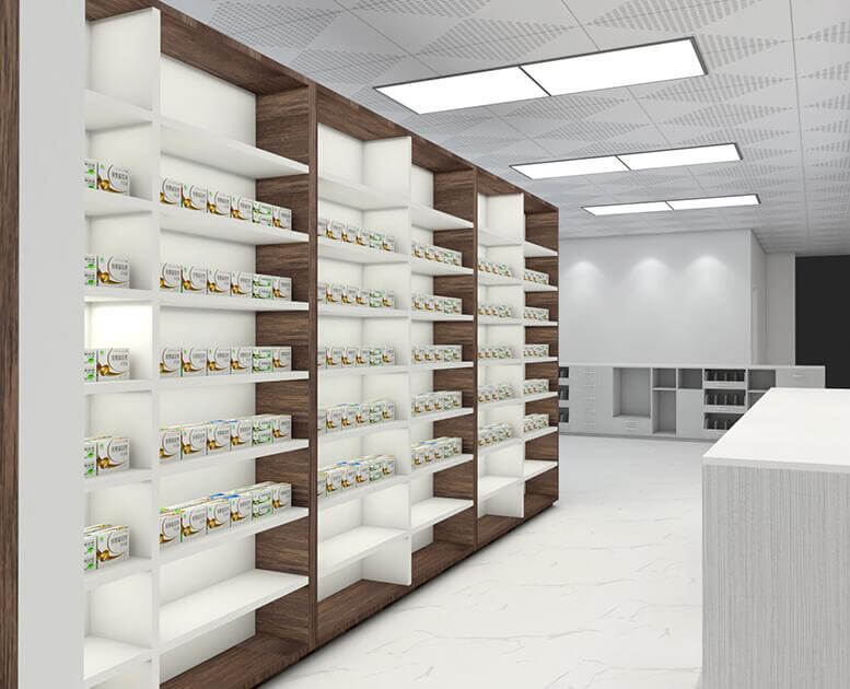 Custom Pharmacy Shop Design & Medicine Display Stand with Unique Display Shelves