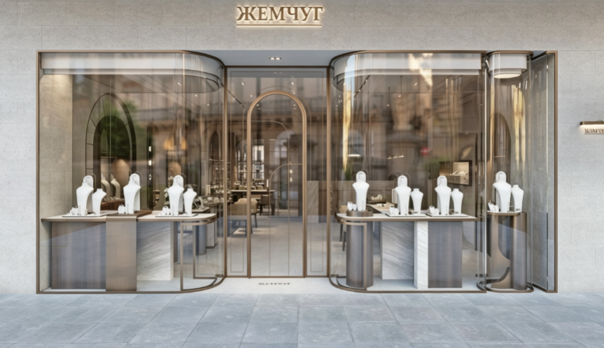 Full‑Scale Luxury Jewelry Store Display Case Project｜Curved Glass & Arch‑Style Metal Interior Real‑World Showcase