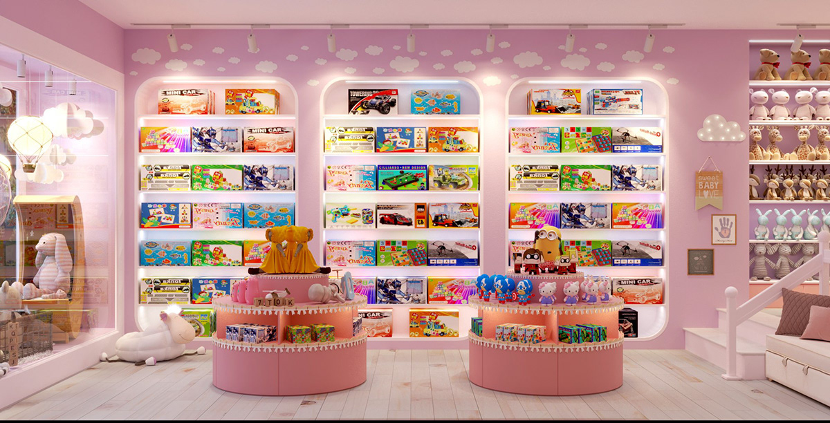 Pink cute toy store interior design furniture layout