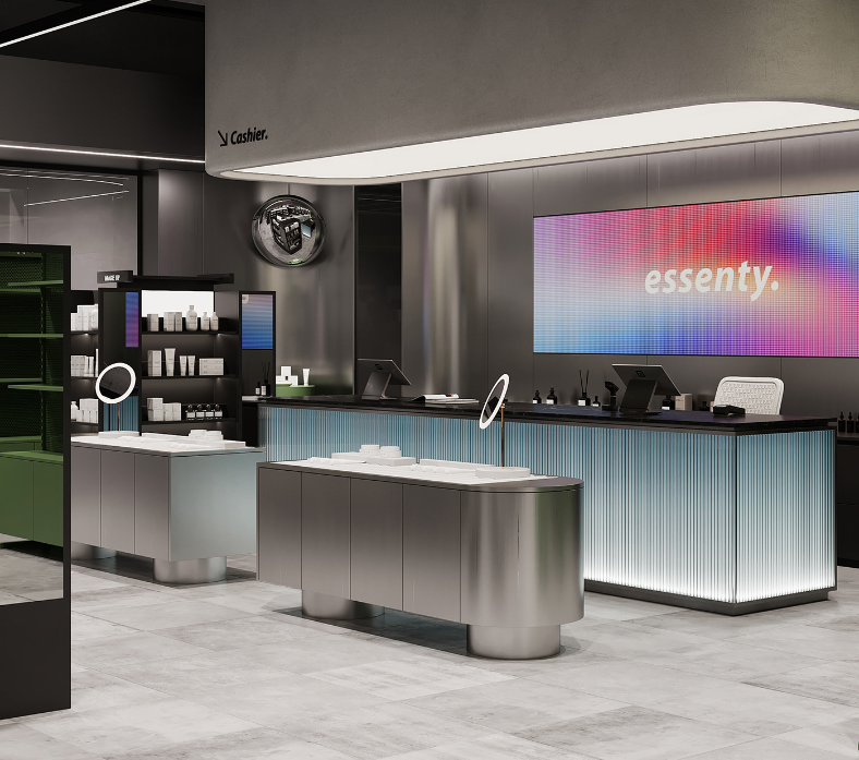 A Cosmetics Store with A Metallic and Technological Feel