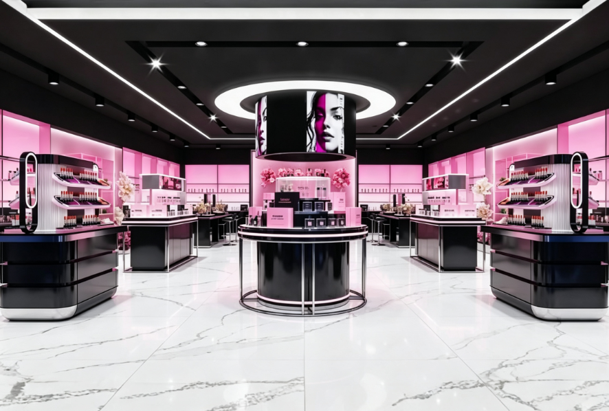 Luxury Cosmetic Store Interior Project | Black & Pink Makeup Kiosk Completed Project Showcase