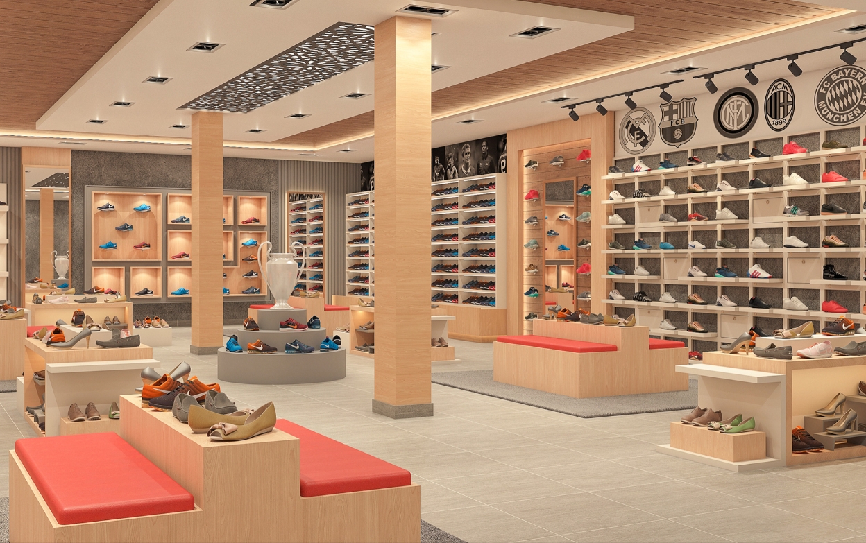 Shoe Store Design: The Perfect Fusion of Team Badge Wall and Creative Shoe Racks