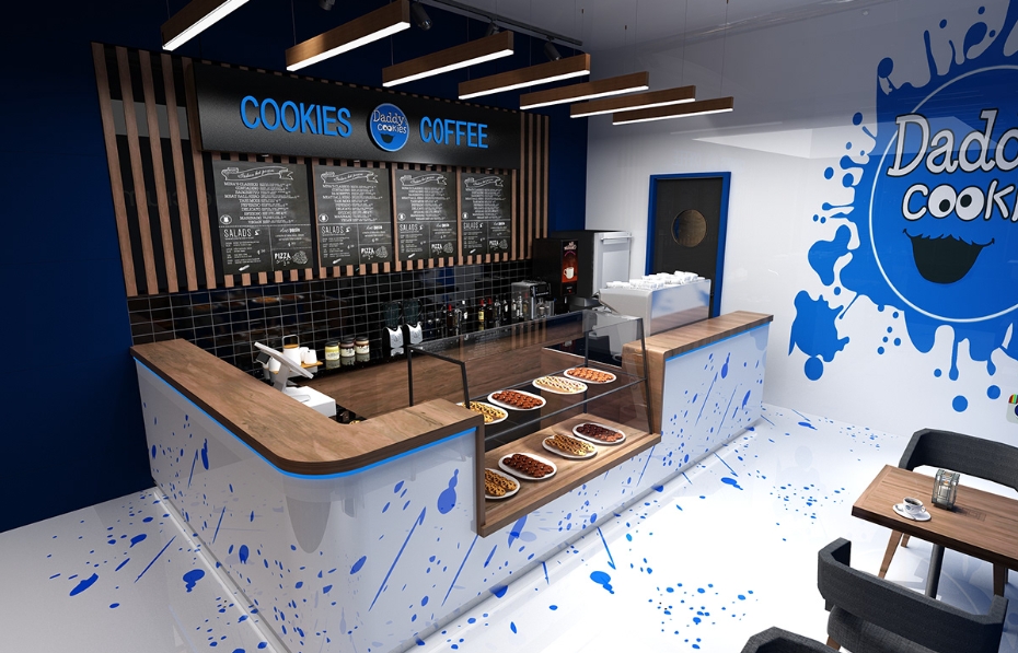 Blue and White Theme Cookie & Coffee Shop Design Idea