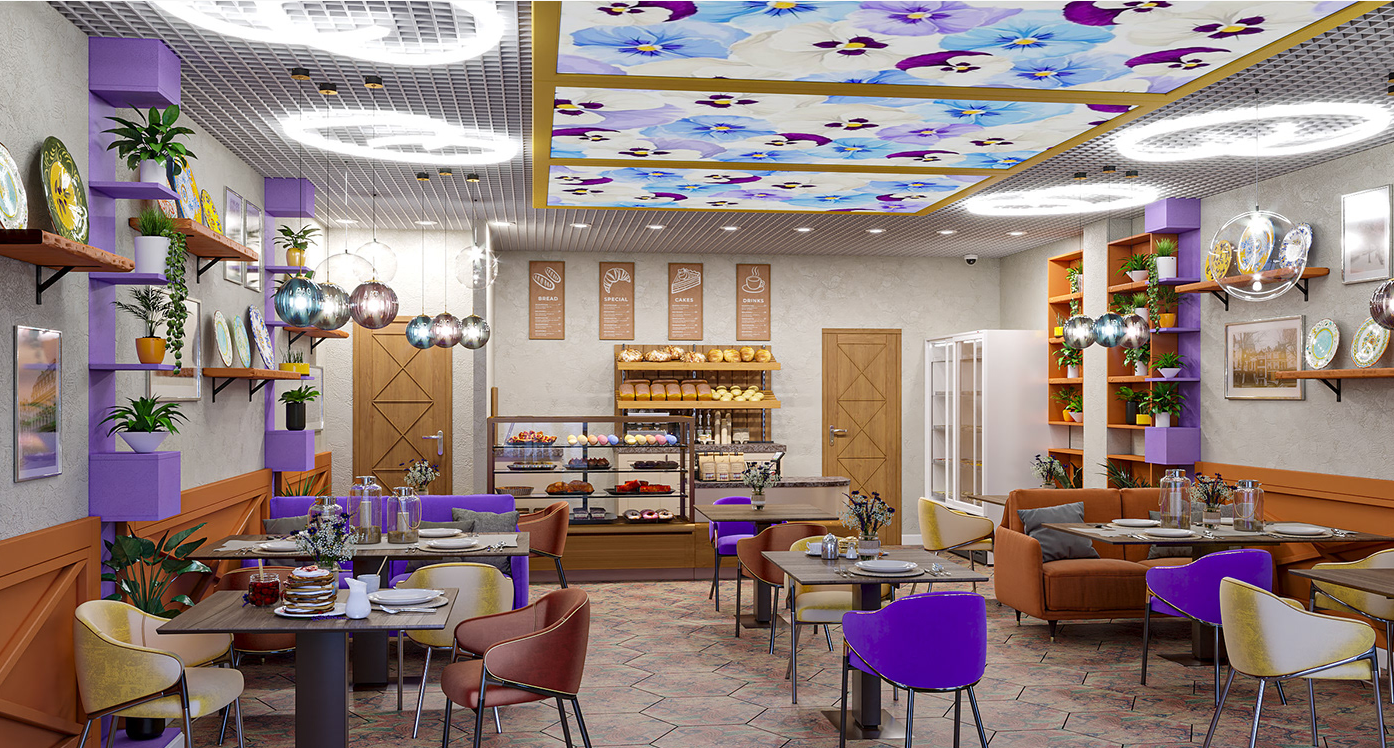 Design concept of a cozy coffee shop with romantic floral charm