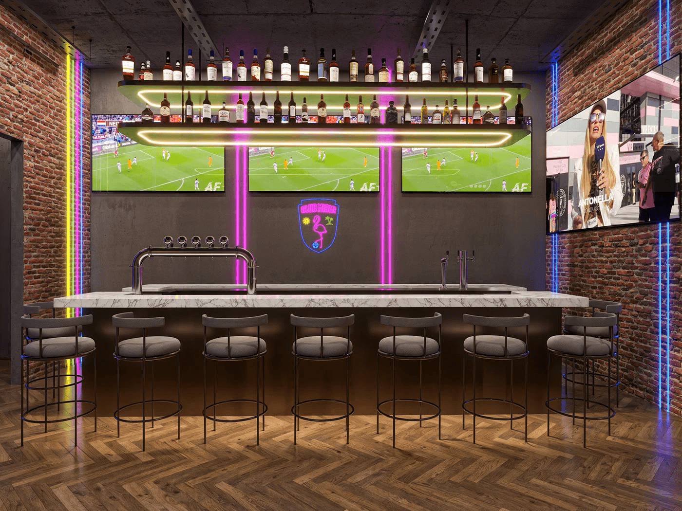 Unique Interior of an Industrial Style Miami Theme Sports Bar