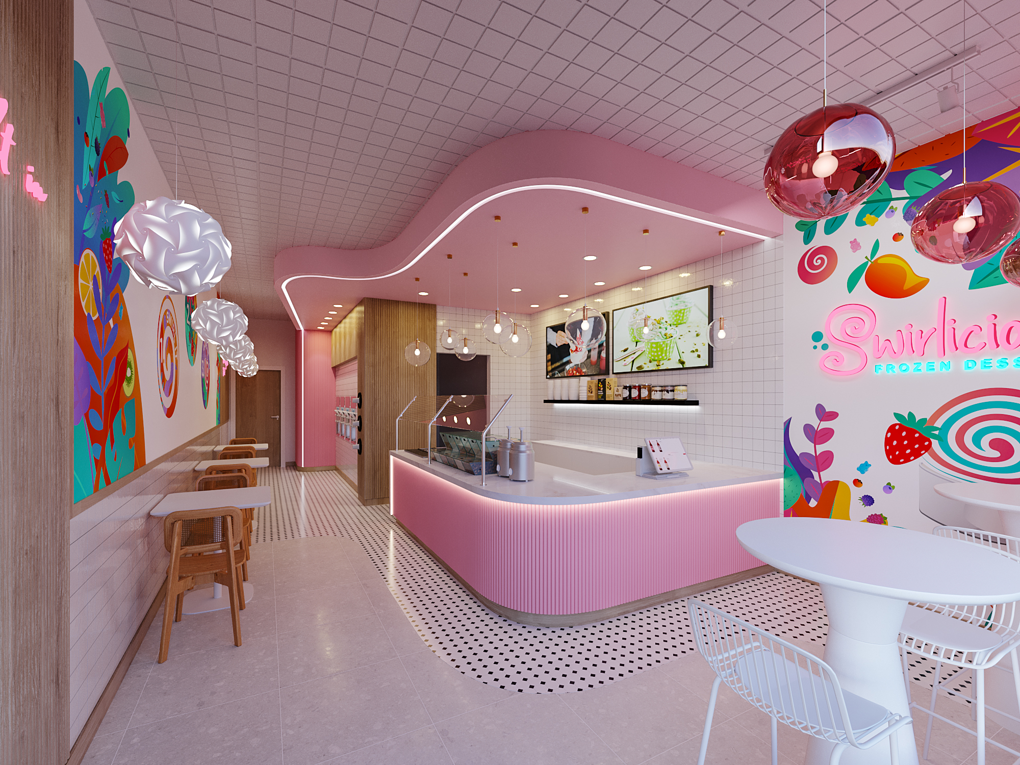 Cute Pink Dessert / Ice Cream Shop Interior Design Furniture Layout