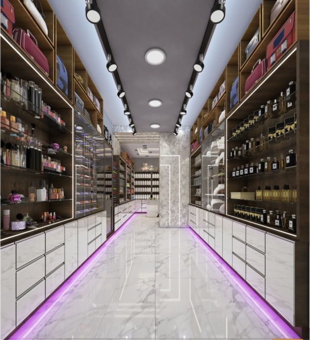 Perfume Shop Design Idea with 2 Side Perfume Wall Display Shelf