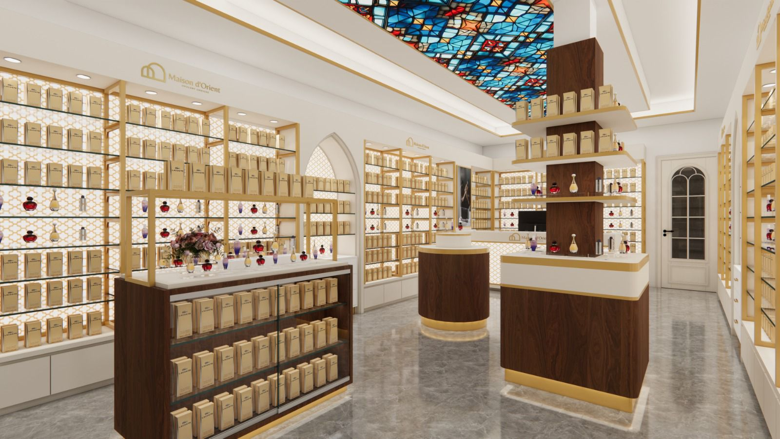 Luxury Gold Perfume Shop 3D Design with Display Case