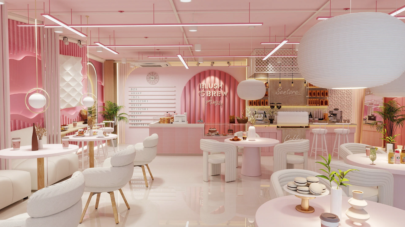 Blush Pink Curved Sofa Chairs – Minimalist Cafe Interiors