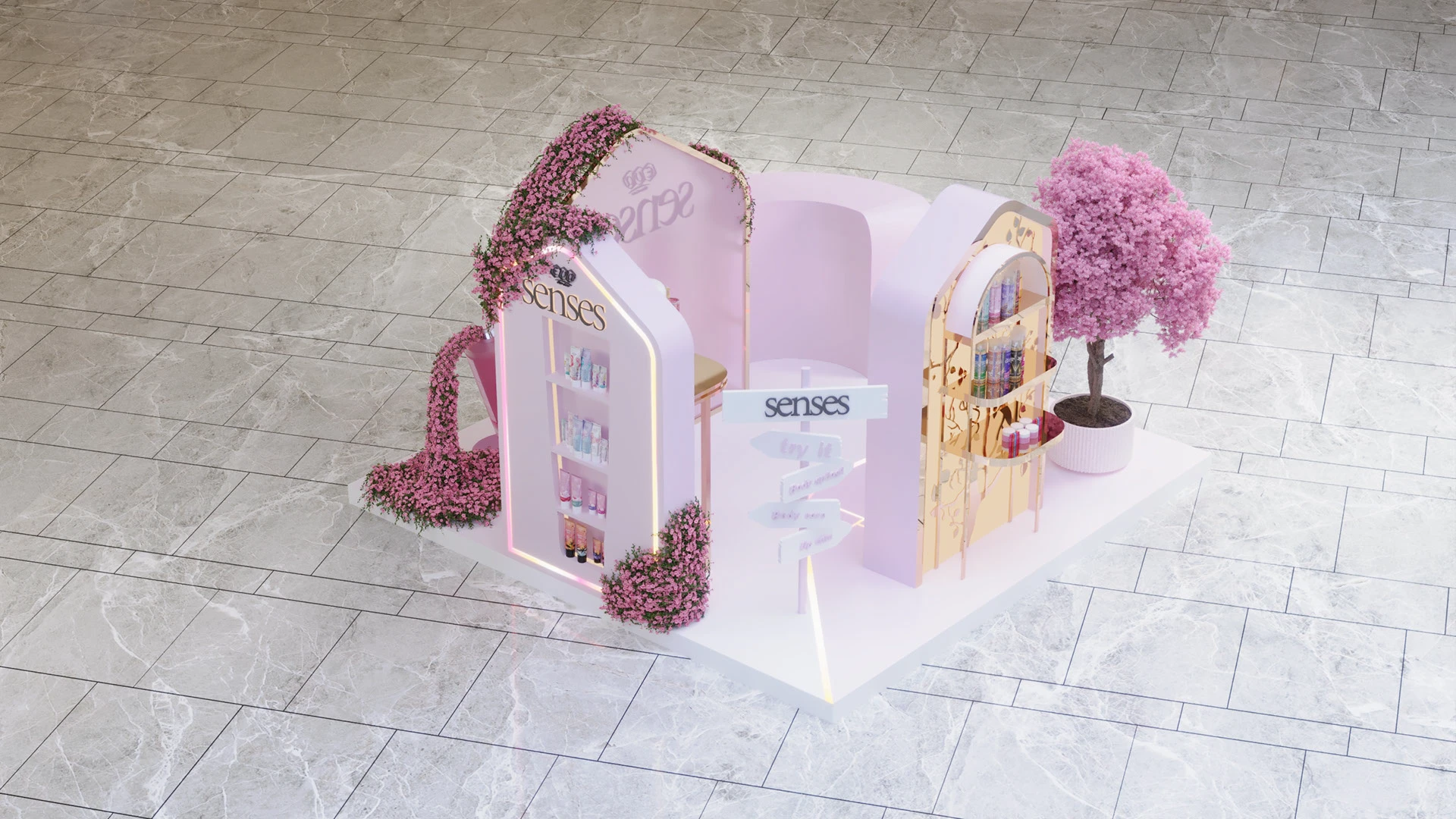 Easily Design A Pop-up "Flower" Skincare-care Kiosk In The Mall Center