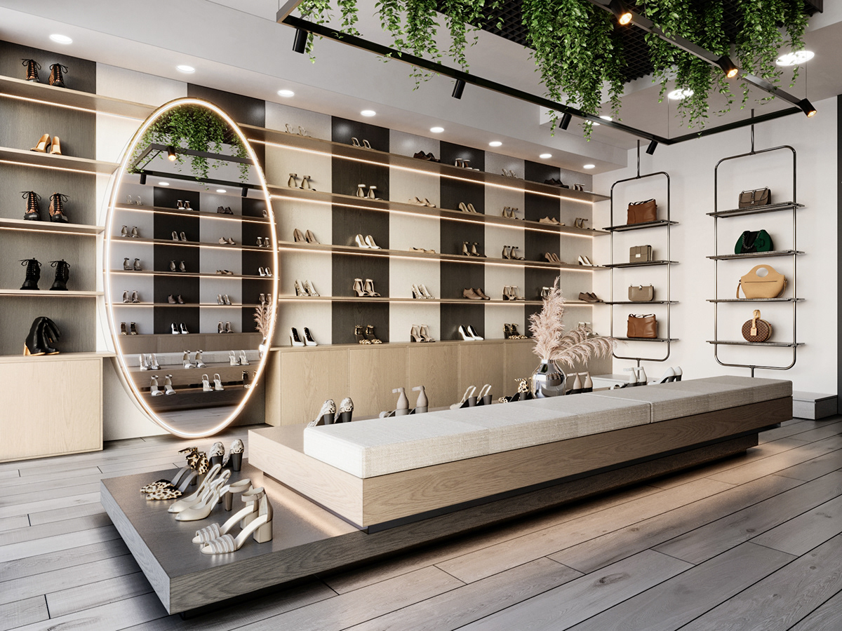 Unique Shoe Store Design: Geometric Metal Racks × Floating Display Tables × Circular Lighted Mirrors