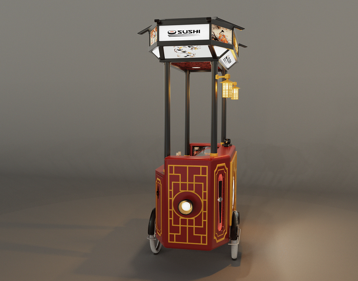 Chinese-Style Red Sushi Cart 