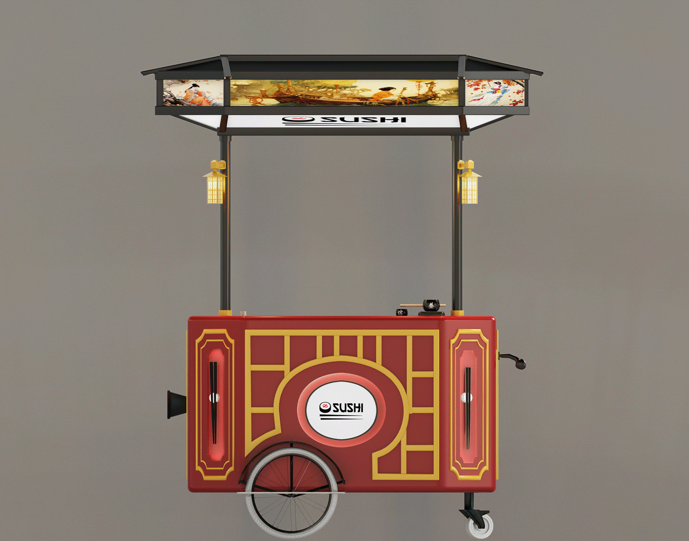 Chinese-Style Red Sushi Cart 