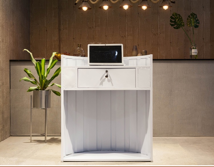 white metal front desk