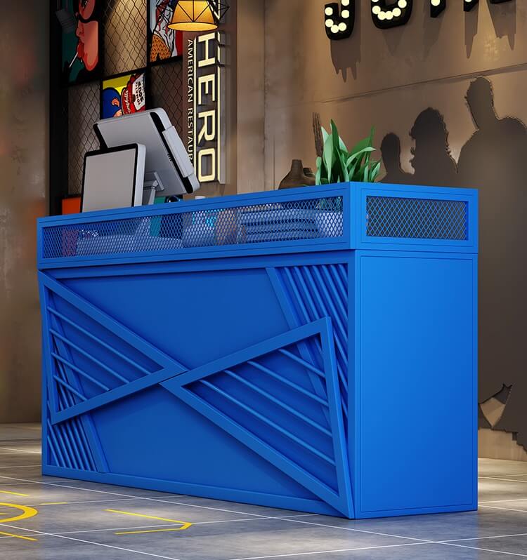 blue reception desk
