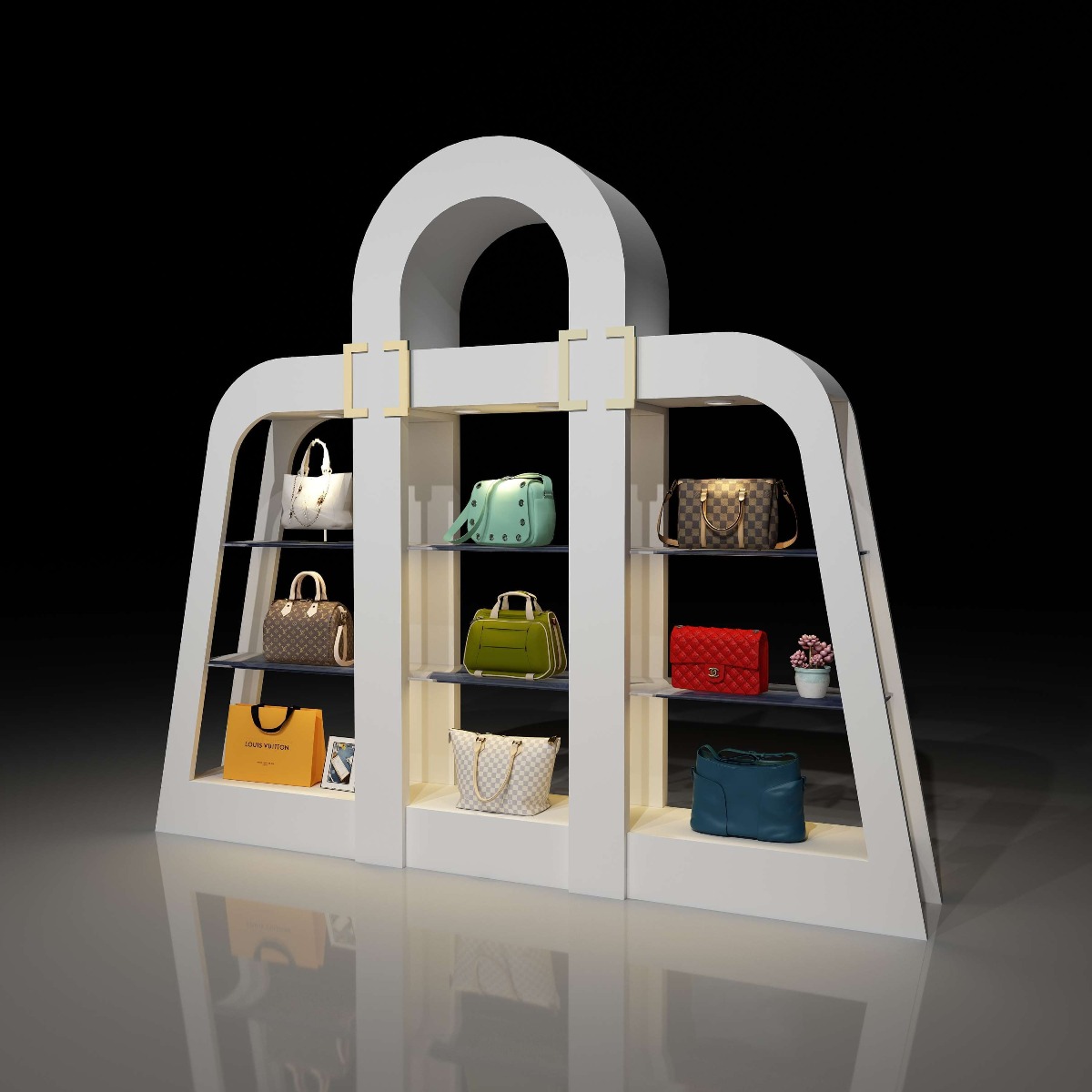 red bag display shelf