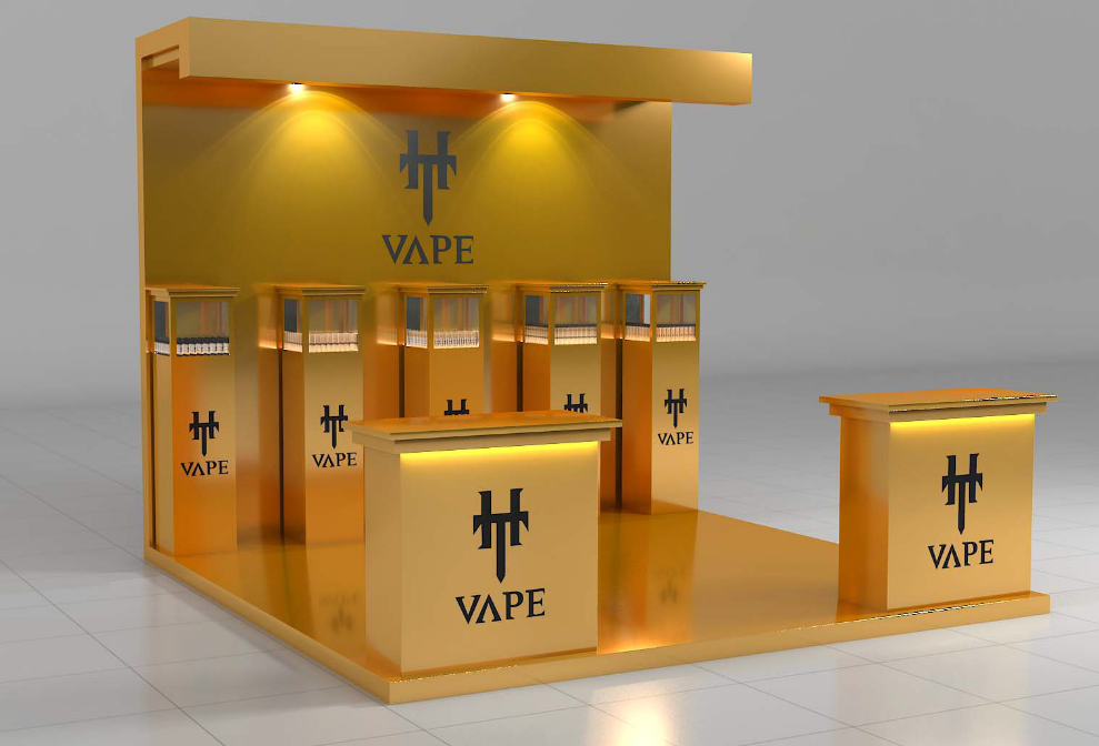 Luxury Golden E-cigarette Display Kiosk High-end Vape Display Booth Design