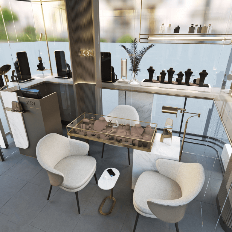 golden showcase for jewelry